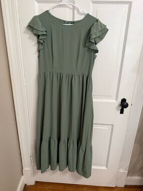 SHEIN Sage Green Midi Dress with Ruffle Sleeves